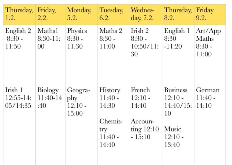Mock exams timetable 2018 St. Kilian's German School, Dublin