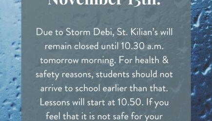 School closure till 10.30 a.m. due to Storm Debi